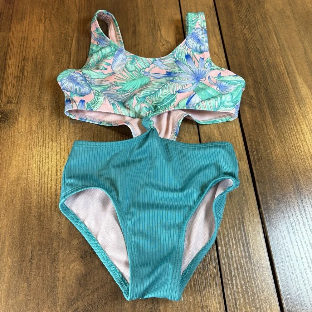 Art Class Kids XS (4/5) Teal Swimsuit Tropical Floral Ribbed Cutout One Piece